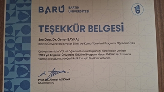 Our Rector Prof. Dr. Ahmet Akkkaya presented a certificate of appreciation to Assoc. Prof. Dr. Ömer Baykal for his efforts in receiving the 2025 Barrier-Free University Awards Program Insignia Award granted by the Council of Higher Education.